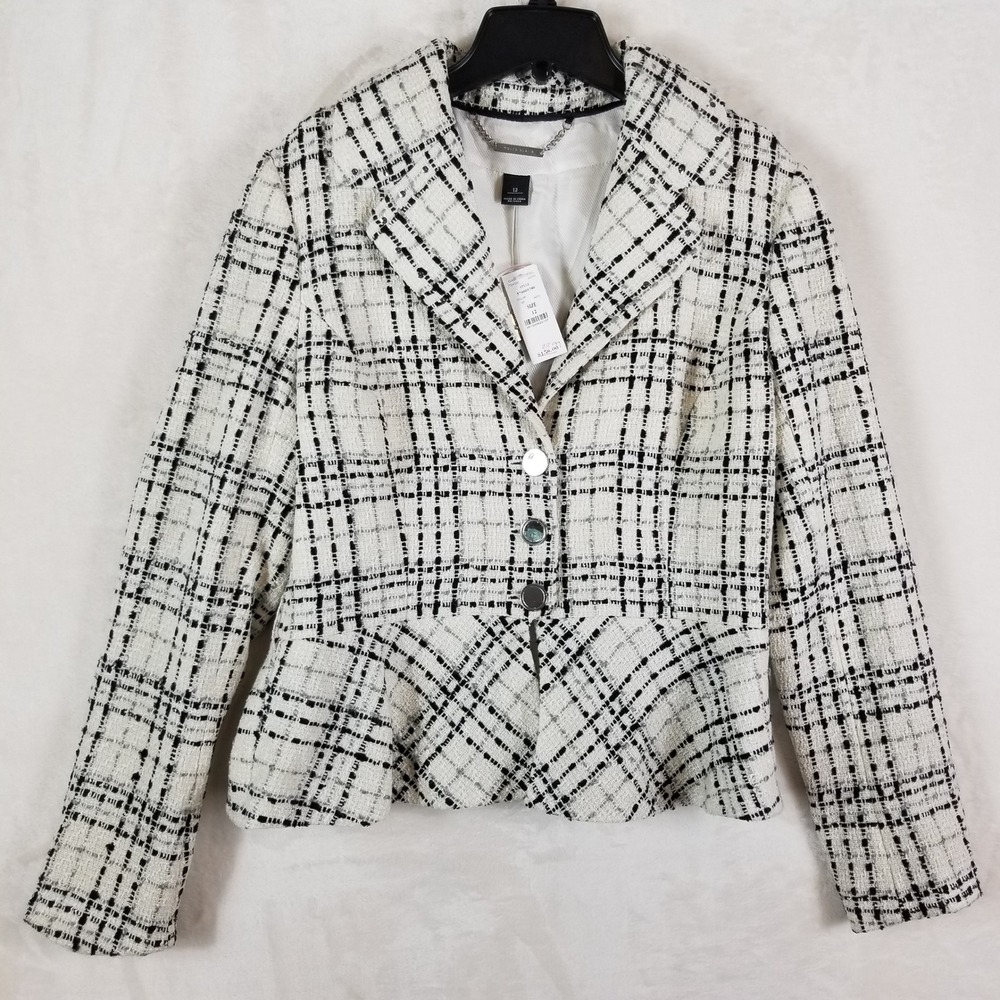 White House Black Market Tweed Skirt Blazer Suit Set 12 Black White Plaid Wool - Picture 2 of 16
